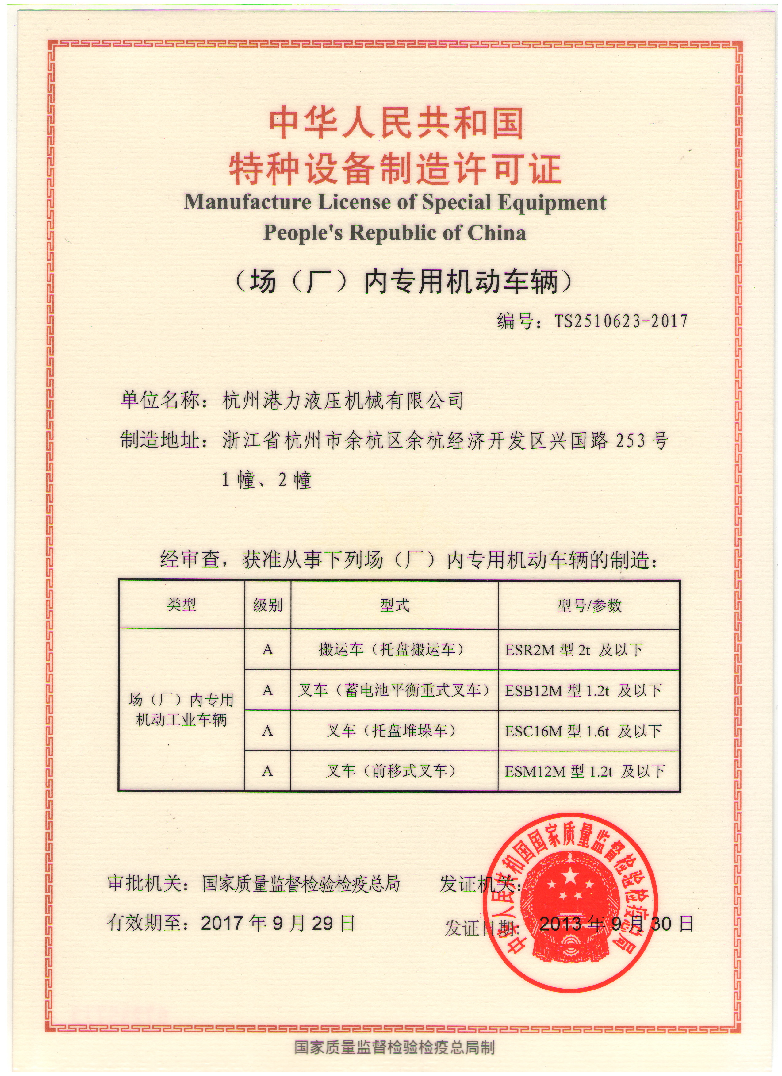 叉車制造許可證